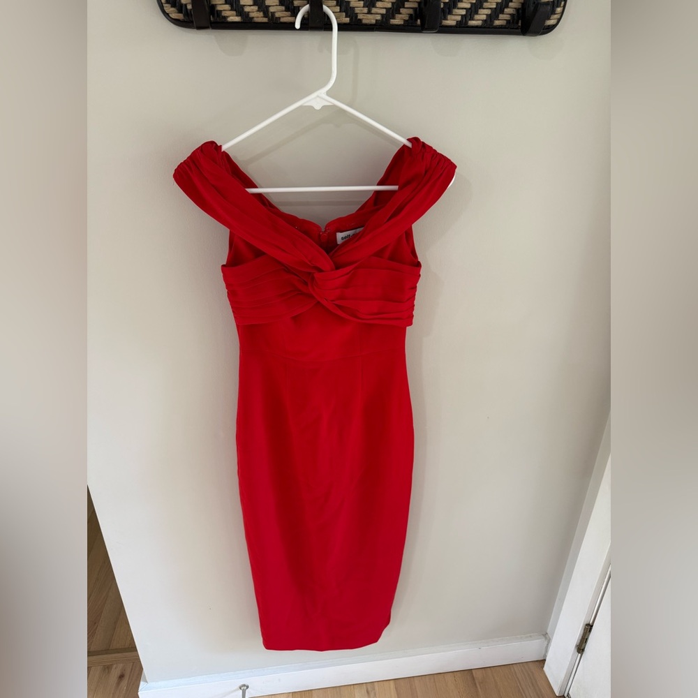 Self-Portrait Off Shoulder Ruched Sheath Midi Dress - Red - Size 0 - Picture 3 of 12